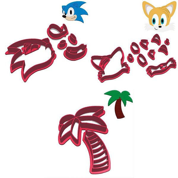 Kit 3 Cortadores Sonic Raposa Tails Coqueiro Tropical