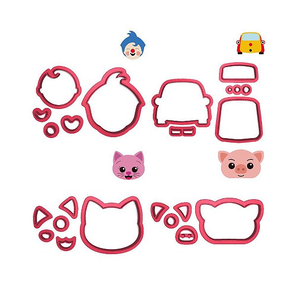 Kit 4 Cortadores Circo Carro Gata Porco Plim Plim