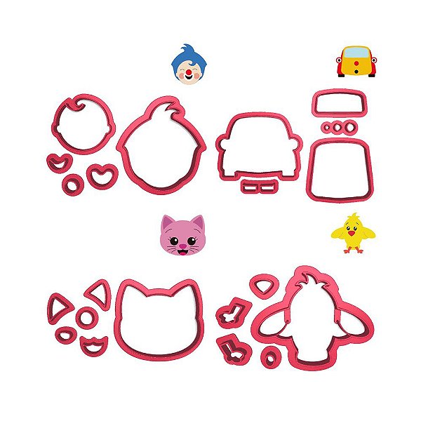 Kit 4 Cortadores Circo Carro Gata Pássaro Plim Plim