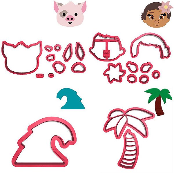 Kit 4 Cortadores Moana Porco Onda Coqueiro