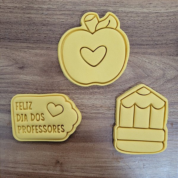 Kit 3 Cortadores Lápis Dia dos Professores Maçã Coração