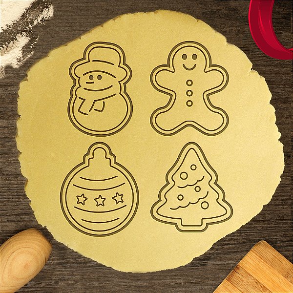 Kit 4 Cortadores Árvore Bola Boneco Neve Gingerbread