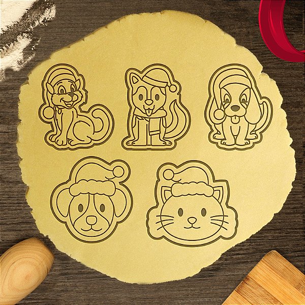 Kit 5 Cortadores Cachorros Gatos Gorro Natal Fofos
