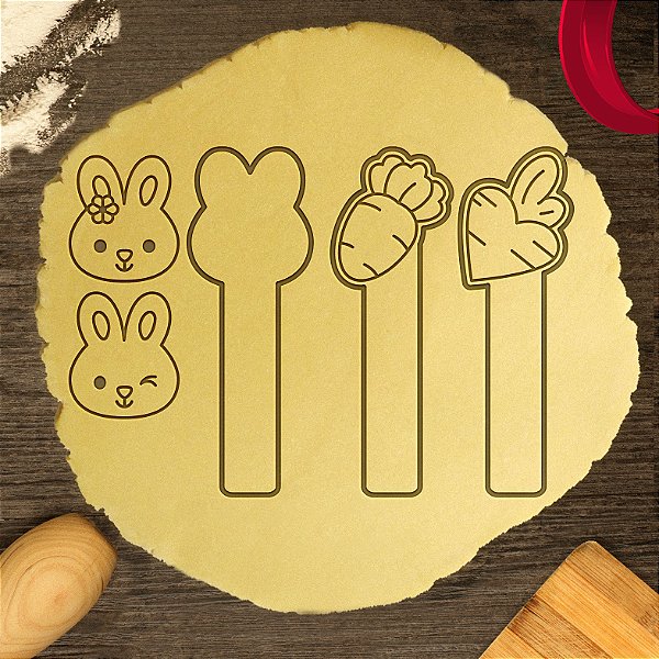 Kit 4 Cortadores Páscoa Stick Coelhos Cenouras Coração