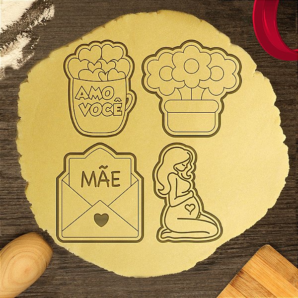 Kit 4 Cortadores Mãe Grávida Carta Flores Caneca Amor