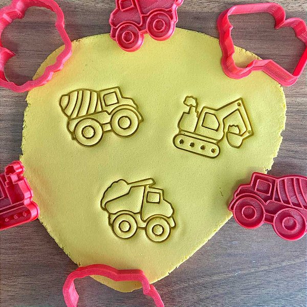Kit 3 Cortadores Cookie Caminhão Trator Escavadeira