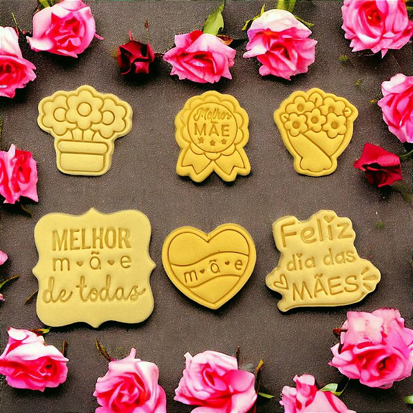 Kit 6 Cortador Feliz Dia das Mães Flores Medalha