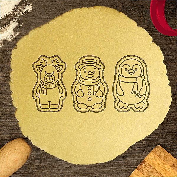 Kit 3 Cortadores Natal Rena Boneco de Neve Pinguim