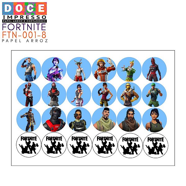Papel Arroz Cupcake Fortnite 20x30 Comestível com 24 Tags medindo 4,5cm cada