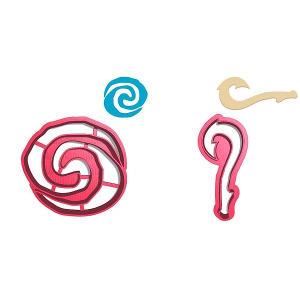 Kit 2 cortadores Desenho Infantil Simbolo Moana Mar Aventuras e Cajado Gancho Mágico Maui