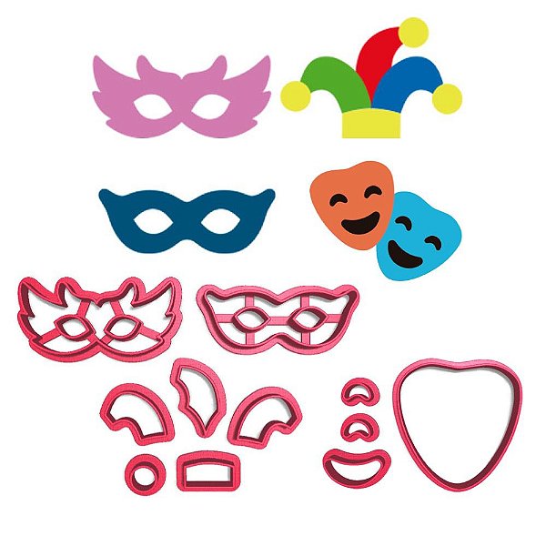 Kit 4 cortadores Carnaval Máscara Chapéu Pierrot
