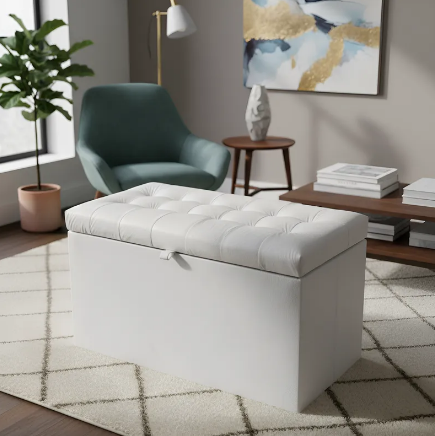 Puff Baú Retangular Estofado Com Pistão á Gás Para Sala, Quarto e recepção - Branco Corino