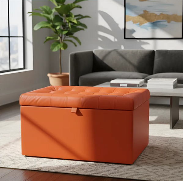 Puff Baú Retangular Estofado Com Pistão á Gás Para Sala, Quarto e recepção - Laranja Corino