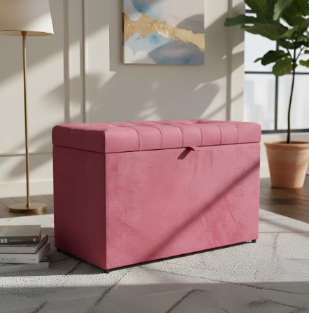 Puff Baú Retangular Estofado Com Pistão á Gás Para Sala, Quarto e recepção - Rosa Pink