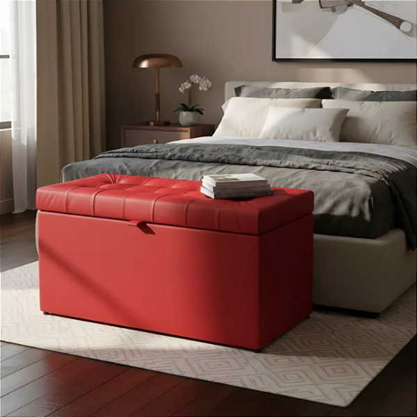 Puff Baú Retangular Estofado Com Pistão á Gás Para Sala, Quarto e recepção - Vermelho Corino
