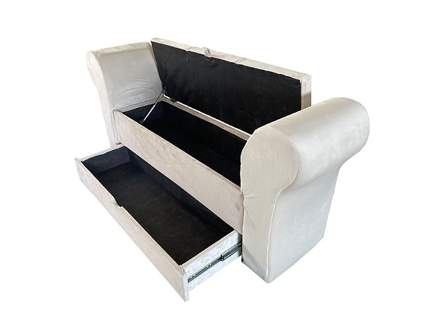 Recamier Puff Baú Sapateira Com Braços e Gaveta 1,38 cm Para Cama Box Padrão - Creme