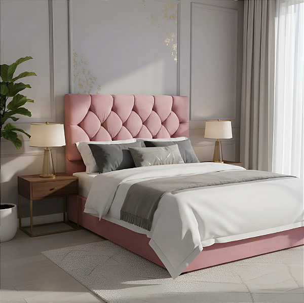 Cabeceira Capitonê Com Pés Para Cama Box Queen Size 1,58 Cm - Rosa Claro