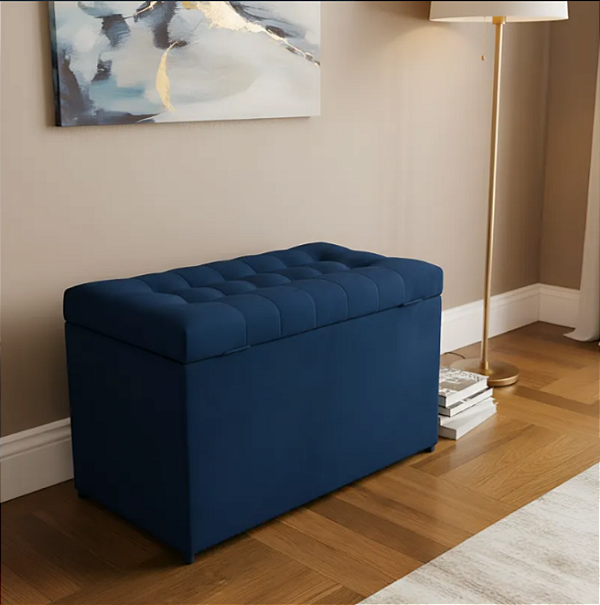 Puff Baú Retangular Estofado Com Pistão á Gás Para Sala, Quarto e recepção - Azul Marinho