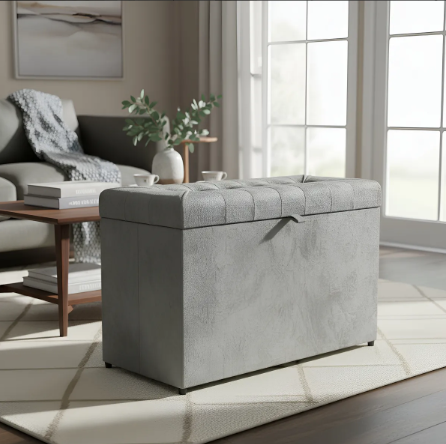 Puff Baú Retangular Estofado Com Pistão á Gás Para Sala, Quarto e recepção - Cinza Claro