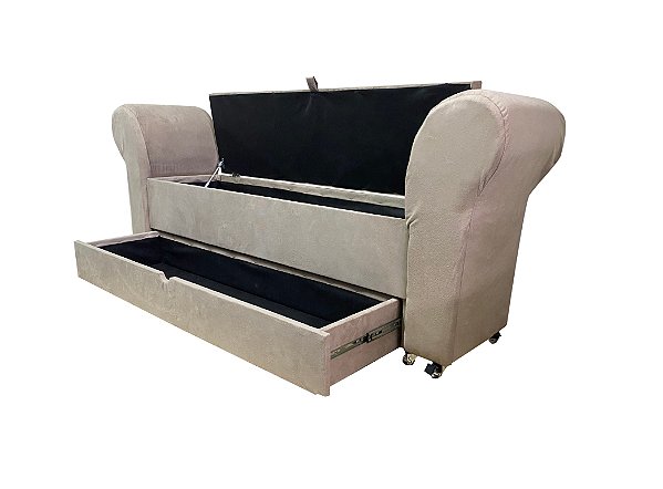 Recamier Puff Baú Sapateira Com Braços e Gaveta 1,38 cm Para Cama Box Padrão - Bege