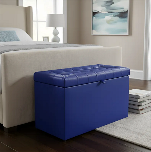 Puff Baú Retangular Estofado Com Pistão á Gás Para Sala, Quarto e recepção - Azul Royal Corino