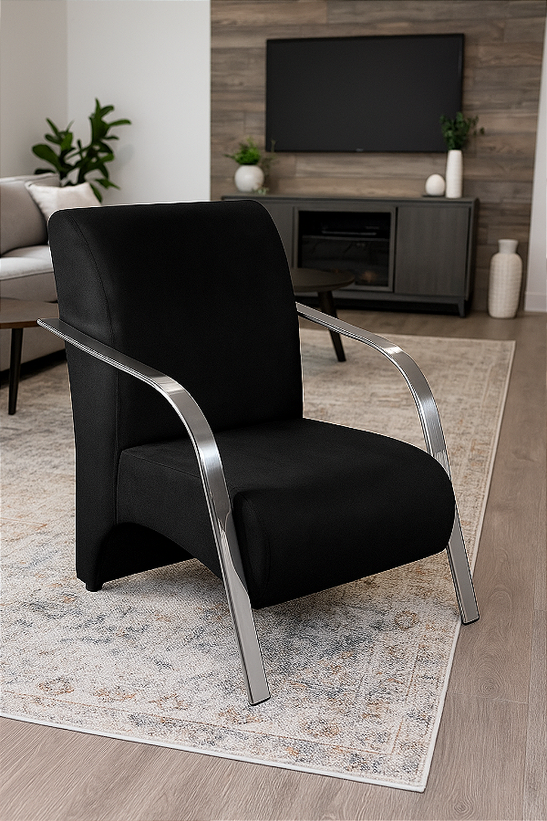 Poltrona Decorativa Com Braços em Alumínio Para Sala, Recepção e Escritórios - Preto Corino