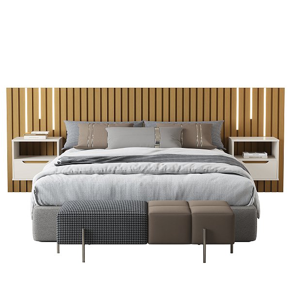 Cabeceira Em Ripado Com Mesas De Cabeceira Suspensas E Led Cama Casal 1,38cm Jb Bechara