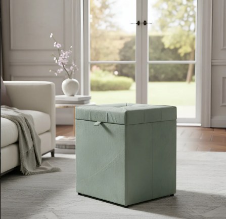 Puff Baú Estofado Quadrado Mari 36cm - Cinza Claro