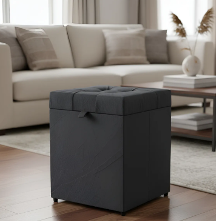 Puff Baú Estofado Quadrado Mari 36cm - Cinza Escuro