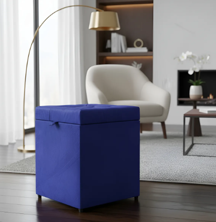 Puff Baú Estofado Quadrado Mari 36cm - Azul Royal