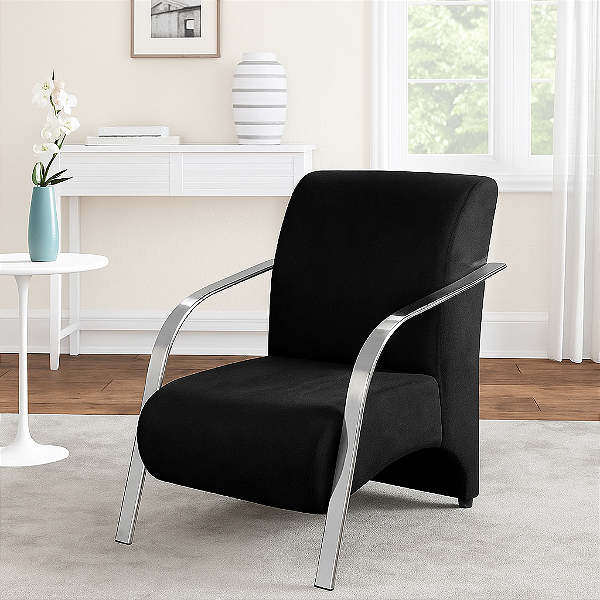 Poltrona Decorativa Com Braços em Alumínio Para Sala, Recepção e Escritórios -  Preto