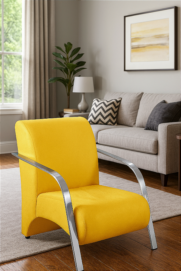 Poltrona Decorativa Com Braços em Alumínio Para Sala, Recepção e Escritórios - Amarelo