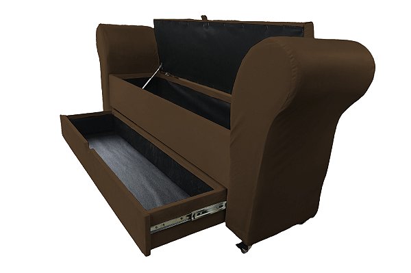 Recamier Puff Baú Sapateira Com Braços e Gaveta 1,58 cm Para Cama Box Queen Size - Marrom