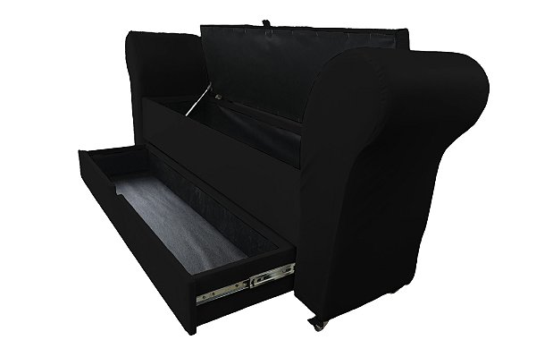Recamier Puff Baú Sapateira Com Braços e Gaveta 1,58 cm Para Cama Box Queen Size - Preto