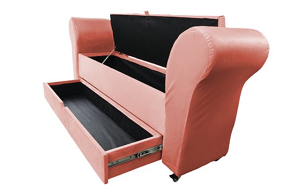 Recamier Puff Baú Sapateira Com Braços e Gaveta 1,58 cm Para Cama Box Queen Size - Rosa Claro