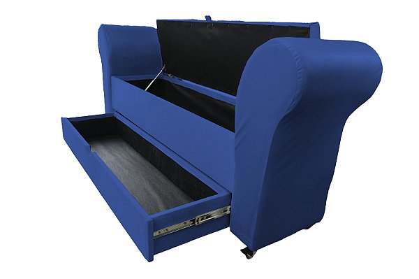 Recamier Puff Baú Sapateira Com Braços e Gaveta 1,58 cm Para Cama Box Queen Size - Azul Royal