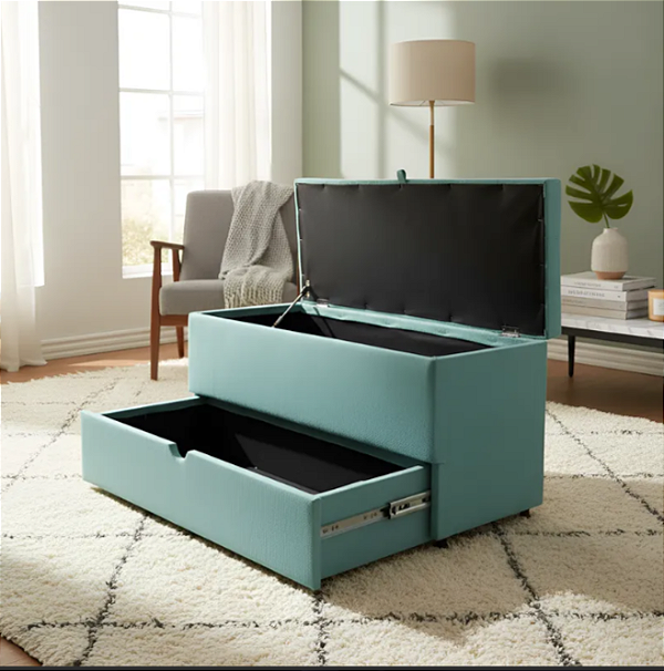 Puff Baú Sapateira com Gaveta Rock 90 para Cama Solteiro - Azul Tiffany