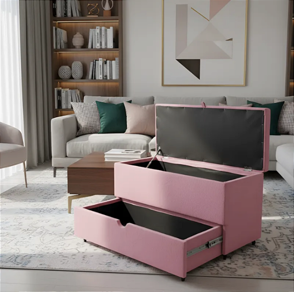 Puff Baú Sapateira com Gaveta Rock 90 para Cama Solteiro - Rosa Claro