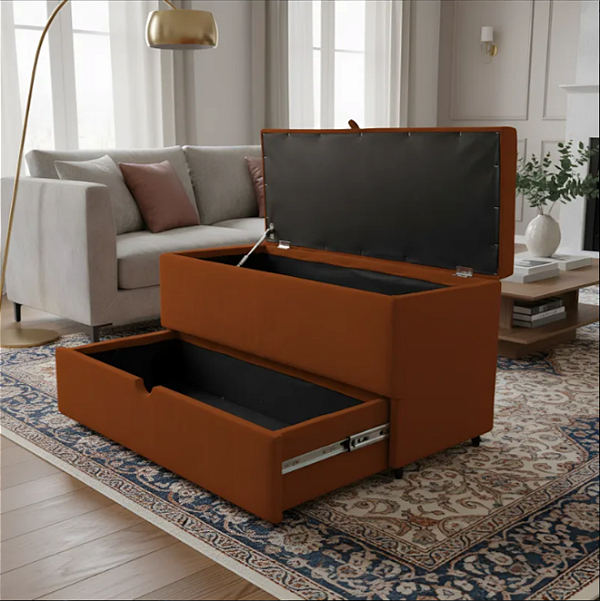 Puff Baú Sapateira com Gaveta Rock 90 para Cama Solteiro - Terracota