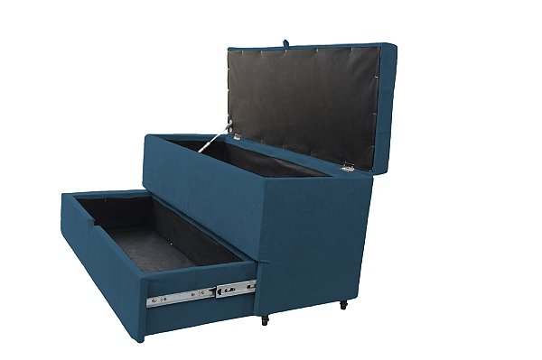 Puff Baú Sapateira com Gaveta Rock 90 para Cama Solteiro - Azul Aço