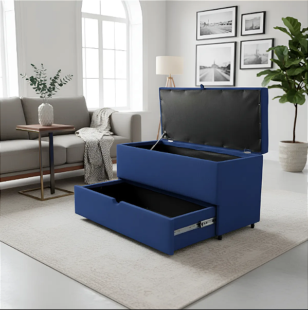 Puff Baú Sapateira com Gaveta Rock 90 para Cama Solteiro - Azul Royal