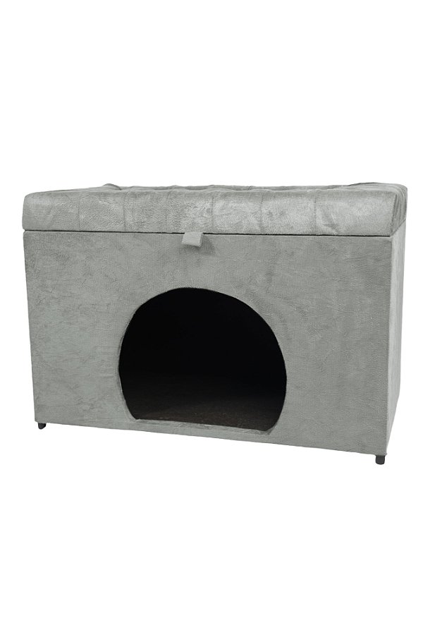 Puff Pet Baú Estofado para Cachorro e Gato - Cinza Claro