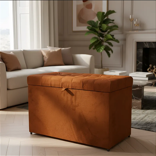 Puff Baú Retangular Estofado Com Pistão á Gás Para Sala, Quarto e recepção - Terracota