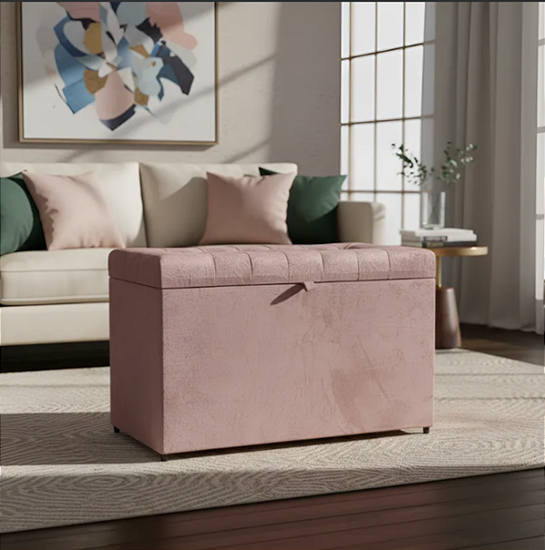 Puff Baú Retangular Estofado Com Pistão á Gás Para Sala, Quarto e recepção - Rose Claro