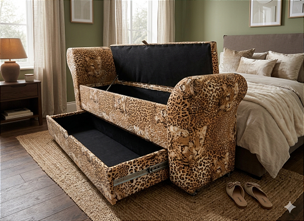 Recamier Puff Baú Sapateira Com Braços e Gaveta 1,38 cm Para Cama Box Padrão - Animal Print