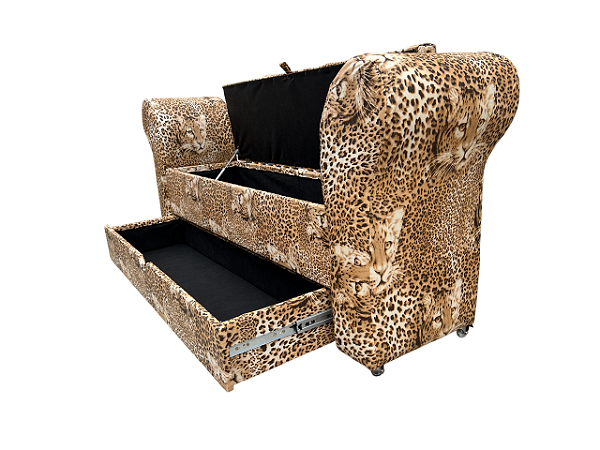 Recamier Puff Baú Sapateira Com Braços e Gaveta 1,38 cm Para Cama Box Padrão - Animal Print