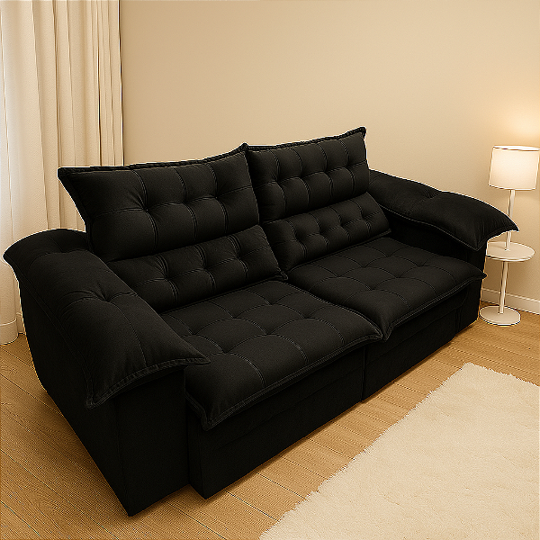 Sofá Retrátil e Reclinável  3 Lugares Londres 2 metros Preto Veludo