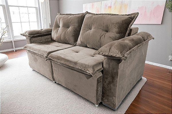 Sofá Barcelona 3 lugares Retrátil com Braço Almofadado 1,80m - Bege Escuro Veludo