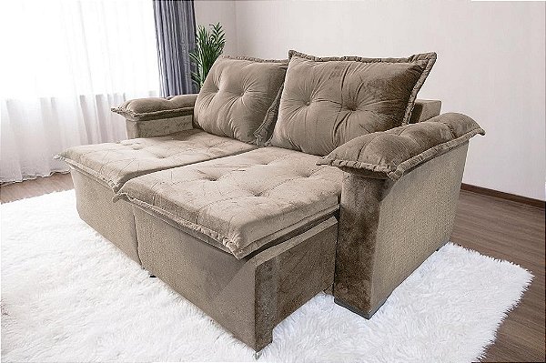 Sofá Barcelona 3 lugares Retrátil com Braço Almofadado 1,80m - Bege Claro Veludo