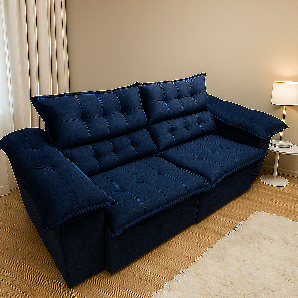 Sofá Retrátil e Reclinável  3 Lugares Londres 2 metros Azul Marinho Veludo
